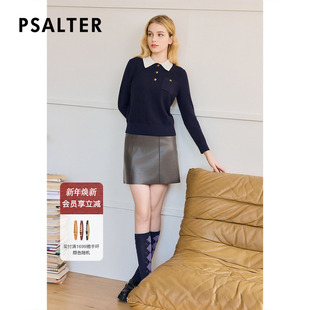 诗篇专选肌理感撞色POLO领藏蓝色复古学院风毛针织衫 上衣秋冬