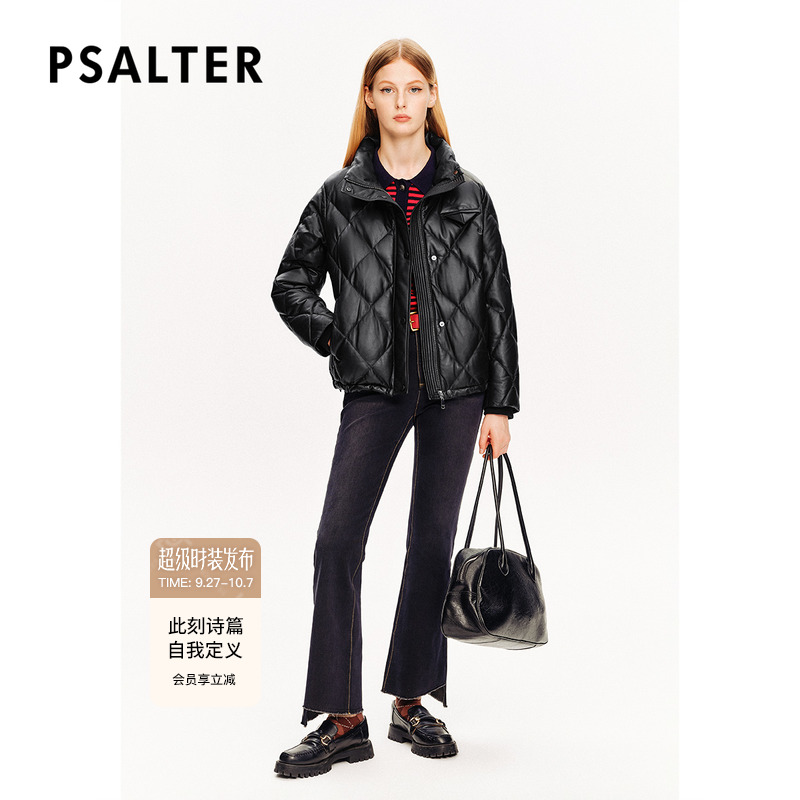PSALTER诗篇夹克型皮羽绒立领格纹羊皮鹅绒服羽绒服冬款