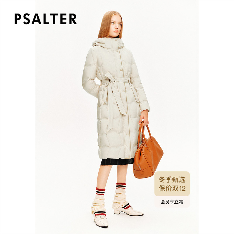 诗篇专选白鹅绒连帽羽绒服丁达尔风腰带收腰长款鹅绒服冬款