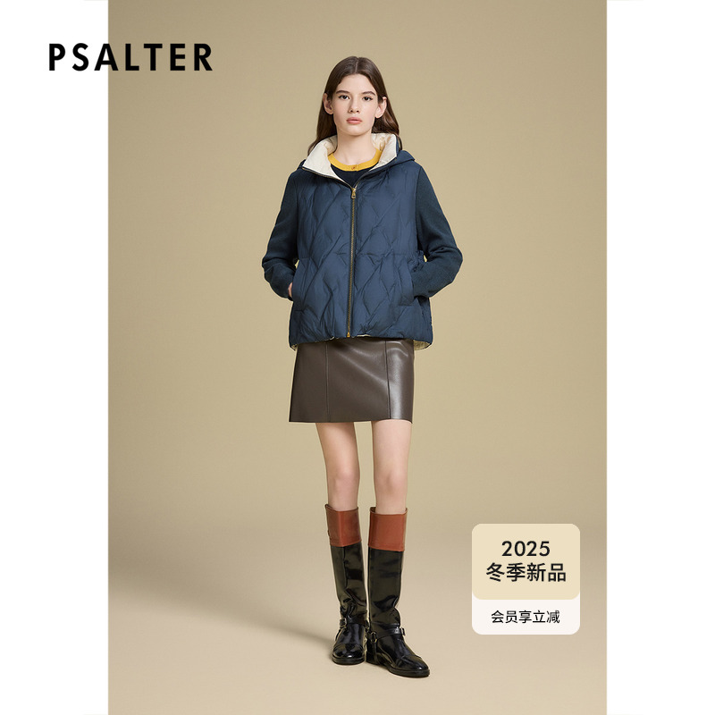 诗篇专选菱形格纹拼接式连帽立领针织袖假两件鹅绒服2025冬季新款