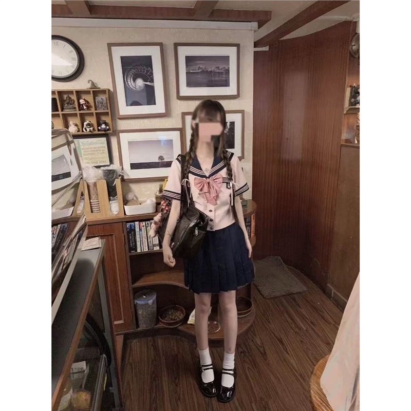 水手服jk制服套装收腰高腰上衣校供日系水手装梗豆裙子套装女夏