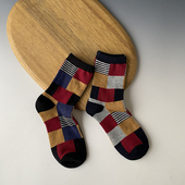 秋冬复古女袜彩色拼接中筒袜欧美几何抽象艺术风格 四色方格纹袜