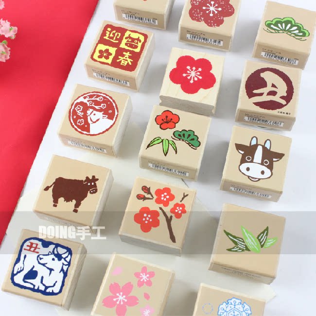 KODOMO NO KAO童颜章木头印章生肖丑牛新年贺卡可爱松竹