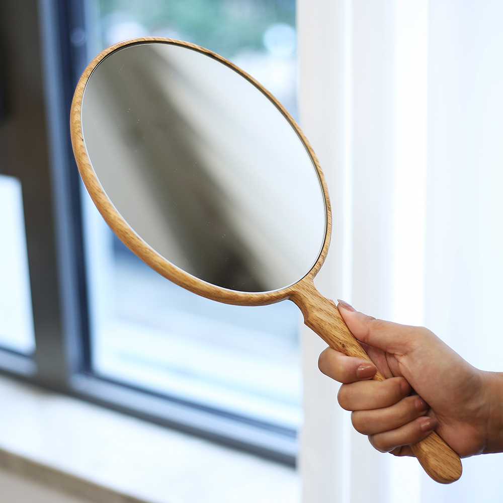 橡木超大手柄化妆镜子便携实木手持梳妆美容院镜定制LOGO刻字