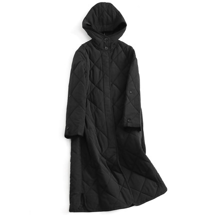 纯色菱格绗缝过膝长款连帽外套2024冬长袖通勤百搭女棉衣棉服J071