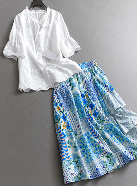 镂空刺绣花边领显瘦荷叶袖衬衫可配一整套印花长裙女两件套装C662