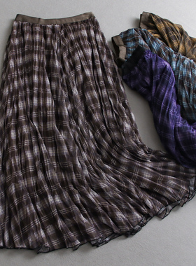 格子过膝长裙松紧腰显瘦修身百褶裙2025秋季新款a字女半身裙V643