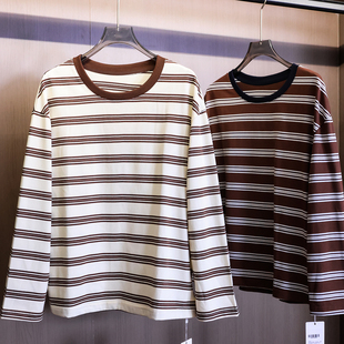 撞色条纹宽松显瘦通勤圆领内搭打底2025秋新款 百搭T恤女B339 长袖