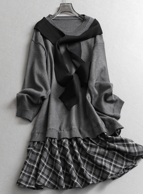 灰色假两件披肩长袖格纹裙摆针织毛衣裙长袖减龄女裙子连衣裙N009