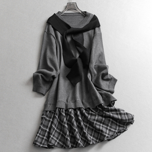 灰色假两件披肩长袖 减龄女裙子连衣裙N009 格纹裙摆针织毛衣裙长袖