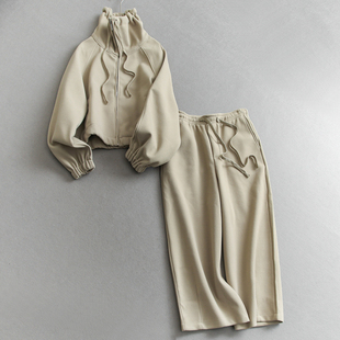 套装 外套可配一整套抽绳宽松九分休闲裤 W128 长袖 纯色立领宽松短款