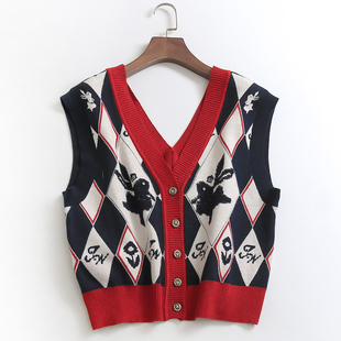 针织背心女马夹 2023无袖 G003撞色菱格宽松外穿V领单排扣春季 新款