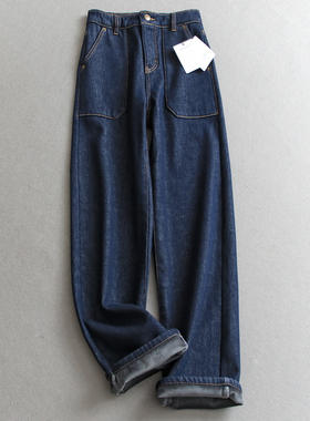 丹宁蓝大口袋松弛感加绒加厚高腰显瘦不挑腿型阔腿裤女牛仔裤Q878