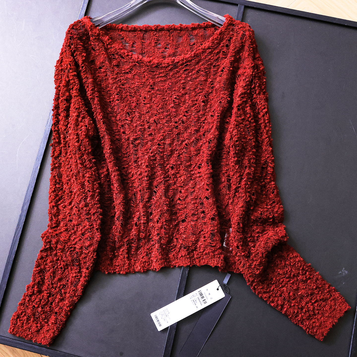 纯色宽松镂空薄款一字领针织罩衫