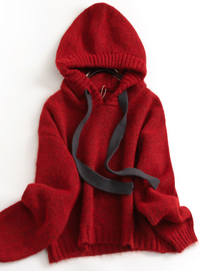 纯色软糯宽松显瘦慵懒连帽针织线衫2024秋新款长袖百搭女毛衣G800