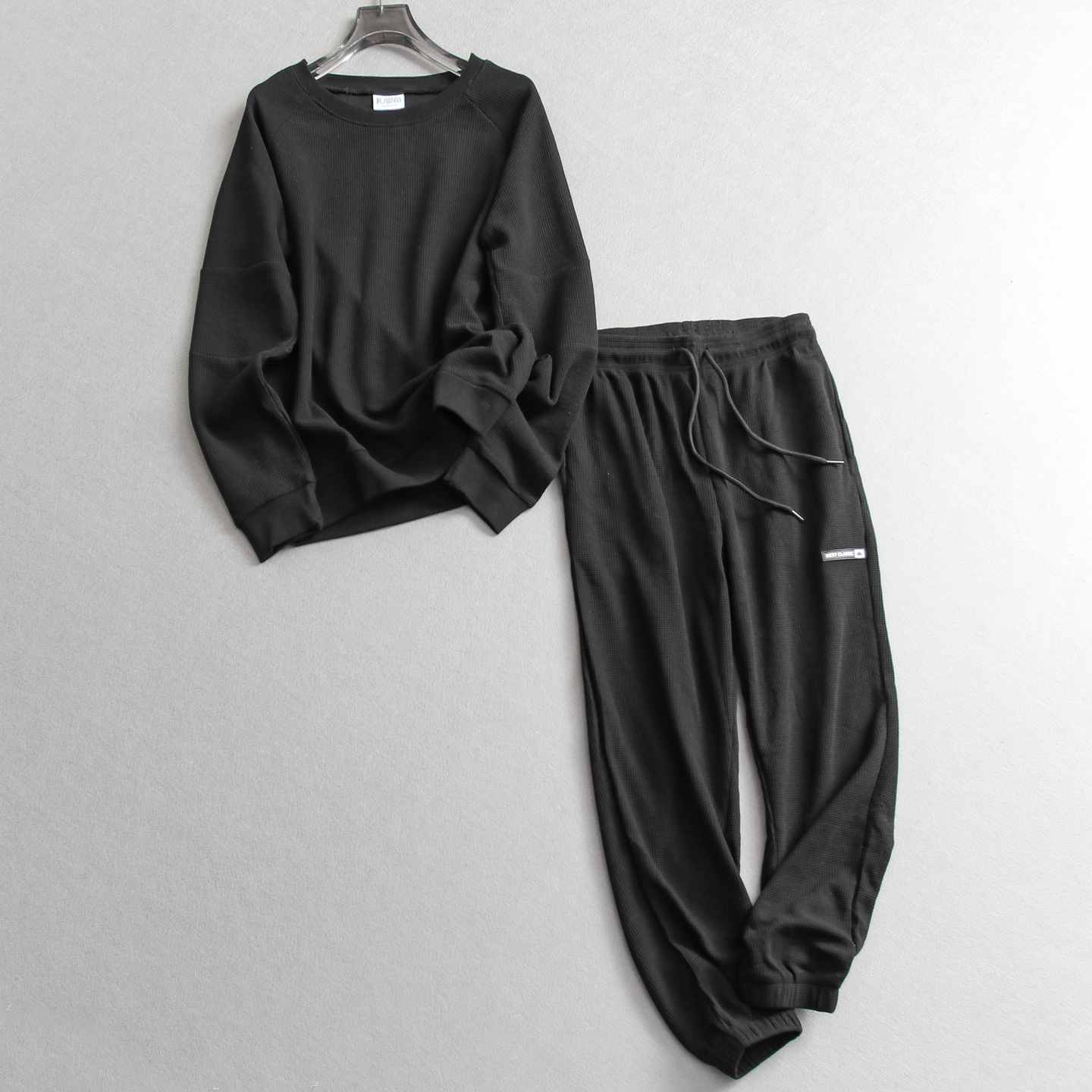 华夫格圆领长袖套头卫衣卫裤套装