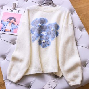 甜美立体花朵提花圆领宽松套头毛衣长袖 M594 慵懒风减龄女针织线衫