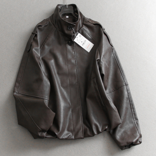 女皮衣W097 长袖 纯色立领宽松复古酷飒风PU皮机车夹克2026春季 新款