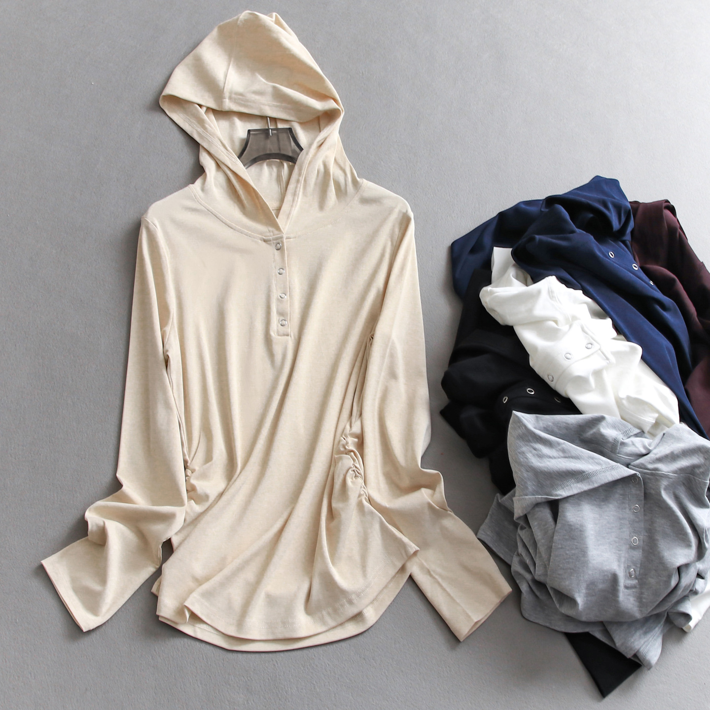 纯色轻薄亨利领连帽柔软亲肤T恤