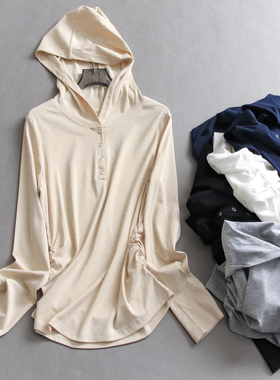 纯色轻薄亨利领连帽柔软亲肤内搭打底2025秋季新款长袖女T恤B124