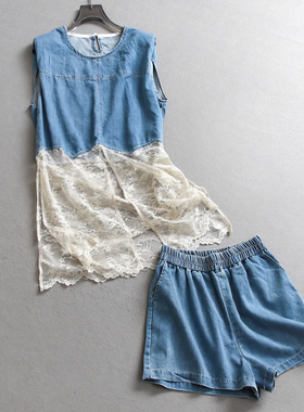 撞色蕾丝拼接宽松显瘦圆领无袖牛仔背心阔腿短裤女两件套装C640