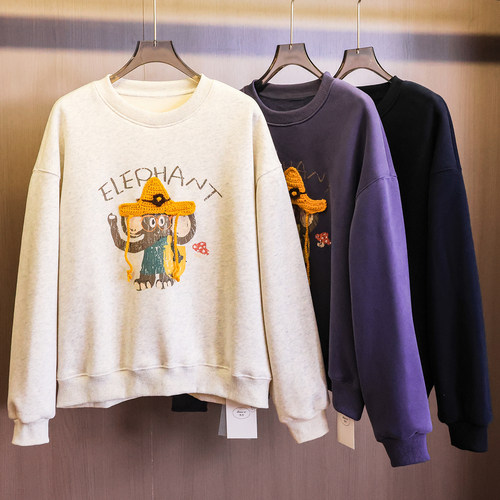 卡通大象印花圆领加绒宽松卫衣女