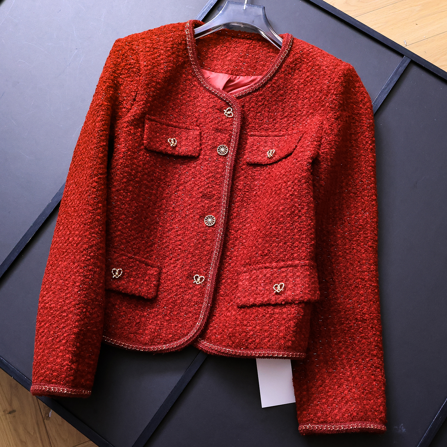 法式小香风重工装饰链条圆领外套