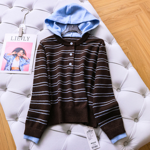 绵羊毛混纺撞色条纹连帽假两件软糯毛衣长袖 M608 套头百搭女针织衫