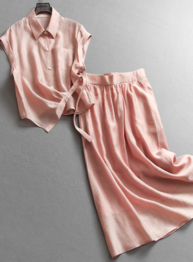 纯色宽松打褶飘带翻领短袖衬衫一整套穿搭半身裙女两件套装X823