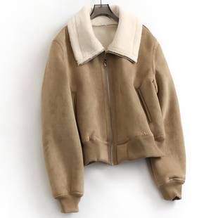 纯色麂皮绒罗纹下摆翻领加厚仿羊羔绒2024冬长袖 女夹克外套H068