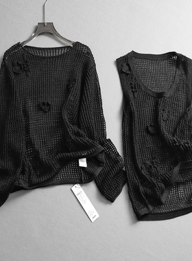 黑色镂空钩花慵懒复古罩衫2025春季新款长袖线套衫女装针织衫L191