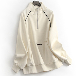 撞色嵌条字母刺绣宽松显瘦立领半拉链插肩长袖 百搭休闲女卫衣J609