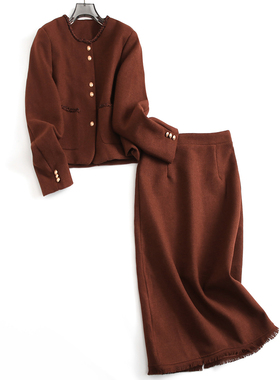 圣诞新年红色穿搭小香风圆领长袖千金风名媛外套女两件套装J234