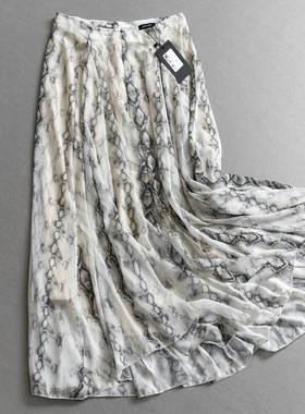 老钱风印花裙高腰显瘦飘逸a字裙优雅百搭雪纺裙女长裙半身裙C305