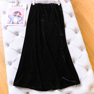 复古千金优雅风松紧腰丝绒A字裙垂感轻熟优雅长裙女裙半身裙M719