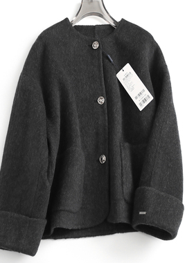 灰色双面羊绒大衣女2024冬季短款宽松无领长袖纽扣女毛呢外套F837