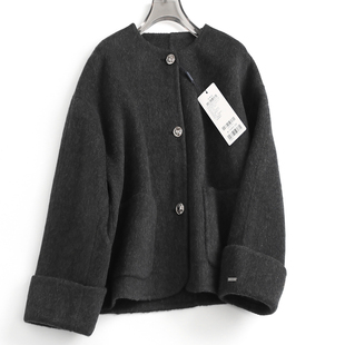 纽扣女毛呢外套F837 宽松无领长袖 灰色双面羊绒大衣女2024冬季 短款