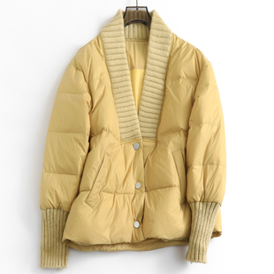 韩版 长袖 百搭女外套羽绒服M080 新款 纯色宽松加厚针织相拼V领冬季