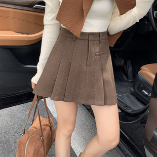 高腰咖色羊毛呢A字小个子百褶裙短裙2025冬季 半身裙女裙M217 新款