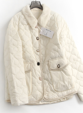 毛绒翻领爱心绗缝H廓形藏肉显瘦小香风长袖短外套女棉衣棉服H365