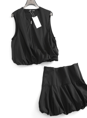 纯色显瘦收腰短款拉链圆领无袖单穿背心+高腰花苞短裙女套装S949