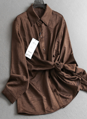 纯色光泽感系带显瘦翻领通勤2025秋季新款长袖百搭气质女衬衫V320