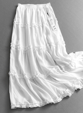 纯色木耳边松紧腰显瘦高腰a字伞裙巨好看蛋糕裙中长女半身裙C482