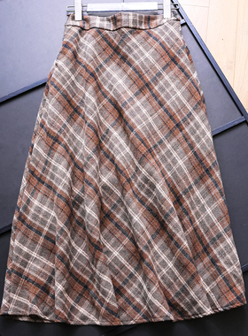 复古格纹半松紧腰显瘦高腰a字裙小个子长裙毛呢伞裙女半身裙N034