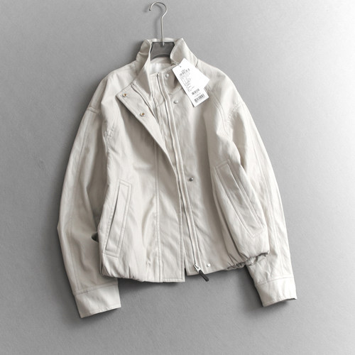 纯色宽松廓形立领拉链机车服皮衣