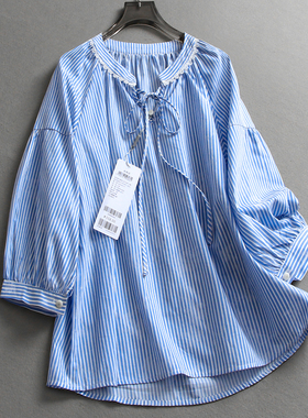 蓝色条纹宽松廓形遮肉显瘦系带圆领灯笼七分袖夏季新款女衬衫Z828