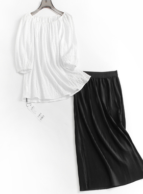 白色褶皱肌理感宽松显瘦圆领五分袖女衬衫褶皱垂感半身裙套装D410