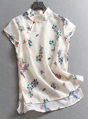 新中式国风印花斜襟盘扣立领2025夏季新款短袖改良唐装女衬衫C313