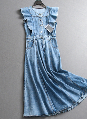 纯色荷叶边小飞袖圆领高腰显瘦牛仔裙2025气质通勤女裙连衣裙X090