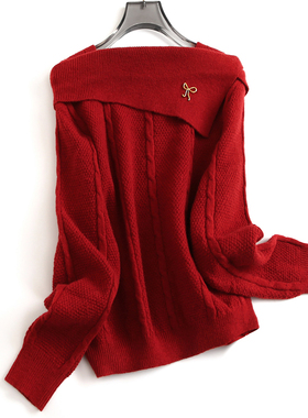 红色新年穿搭显瘦一字肩内搭打底衫不规则绞花气质长袖女毛衣J420